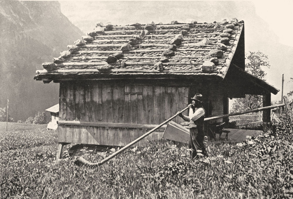 SWITZERLAND. Alpine horn; call cows high pastures. Herdsman 1900 old print
